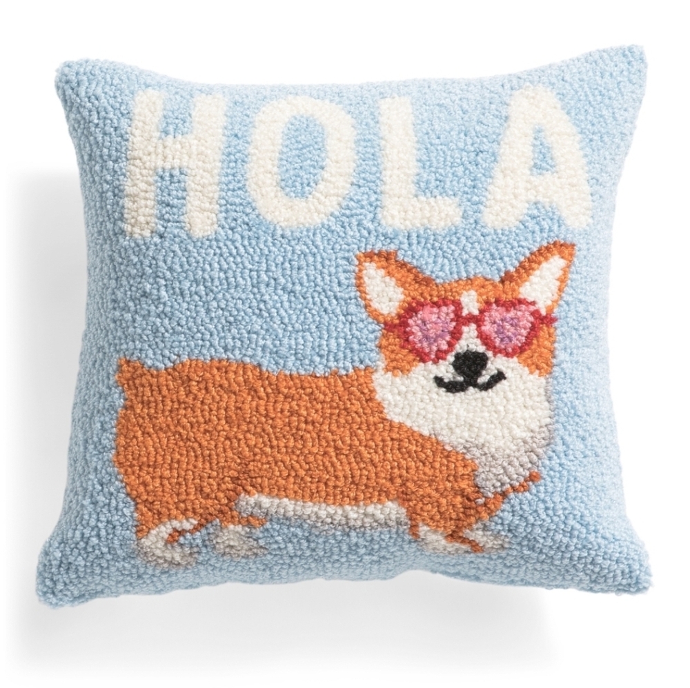 💙▪️Peking Handicraft ▪️14x14 Hola Corgi Hooked Pillow